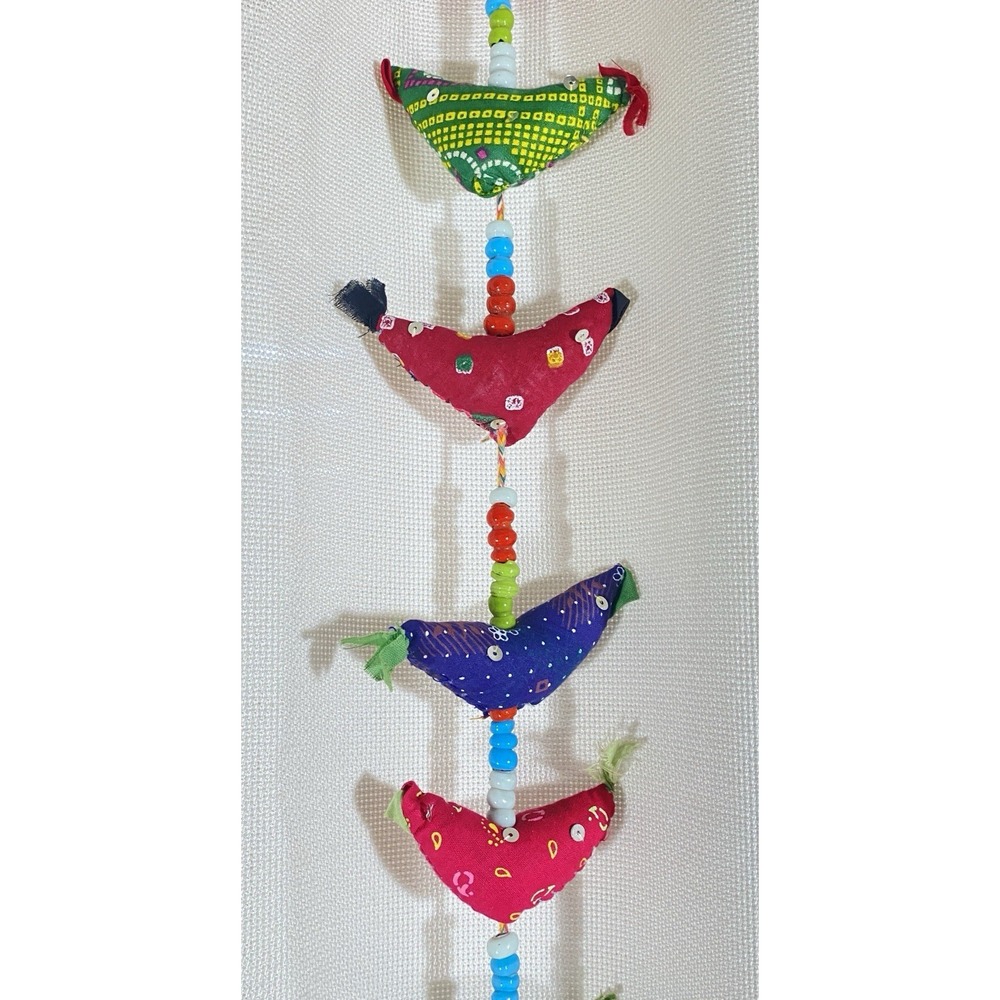 Vintage Boho Prosperity Hens 53" Garland Fabric Birds Beads Bells Folk Art